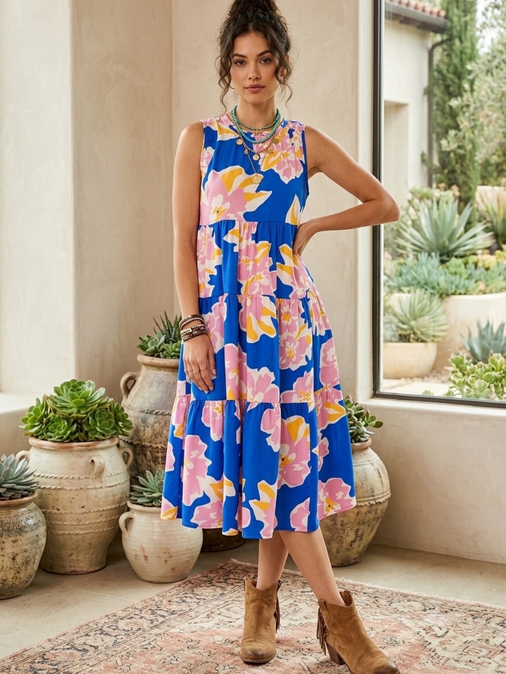NWT Umgee Royal Blue and Pink Pattern Midi Dress